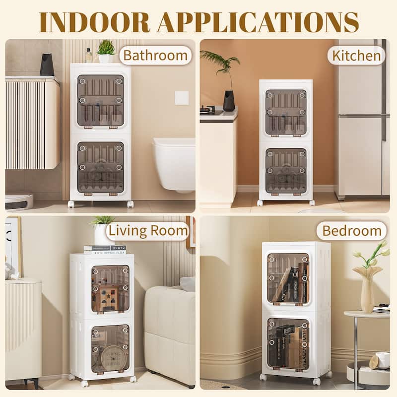 Javlergo 2-Tier White Foldable Stackable Narrow Storage Bins ABS Waterproof Storage Cabinet for Living Room Bedroom Bathroom