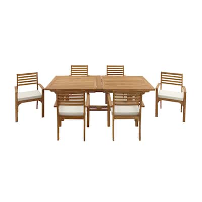 Teak Wood Outdoor Dining Set with White Cushions and Extendable Table Leaf - Set of 7 Brown - Roche River Decor