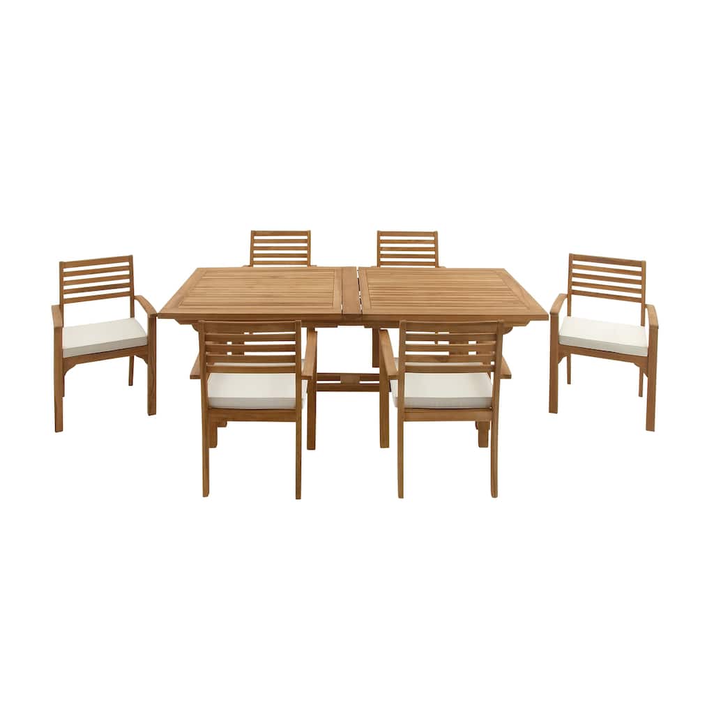 Teak Wood Outdoor Dining Set with White Cushions and Extendable Table Leaf - Set of 7 Brown - Roche River Decor