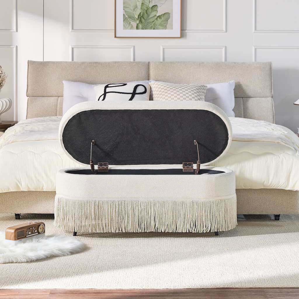 Multi-Functional Storage Ottoman with Fringe Trim and Hidden Storage Compartment