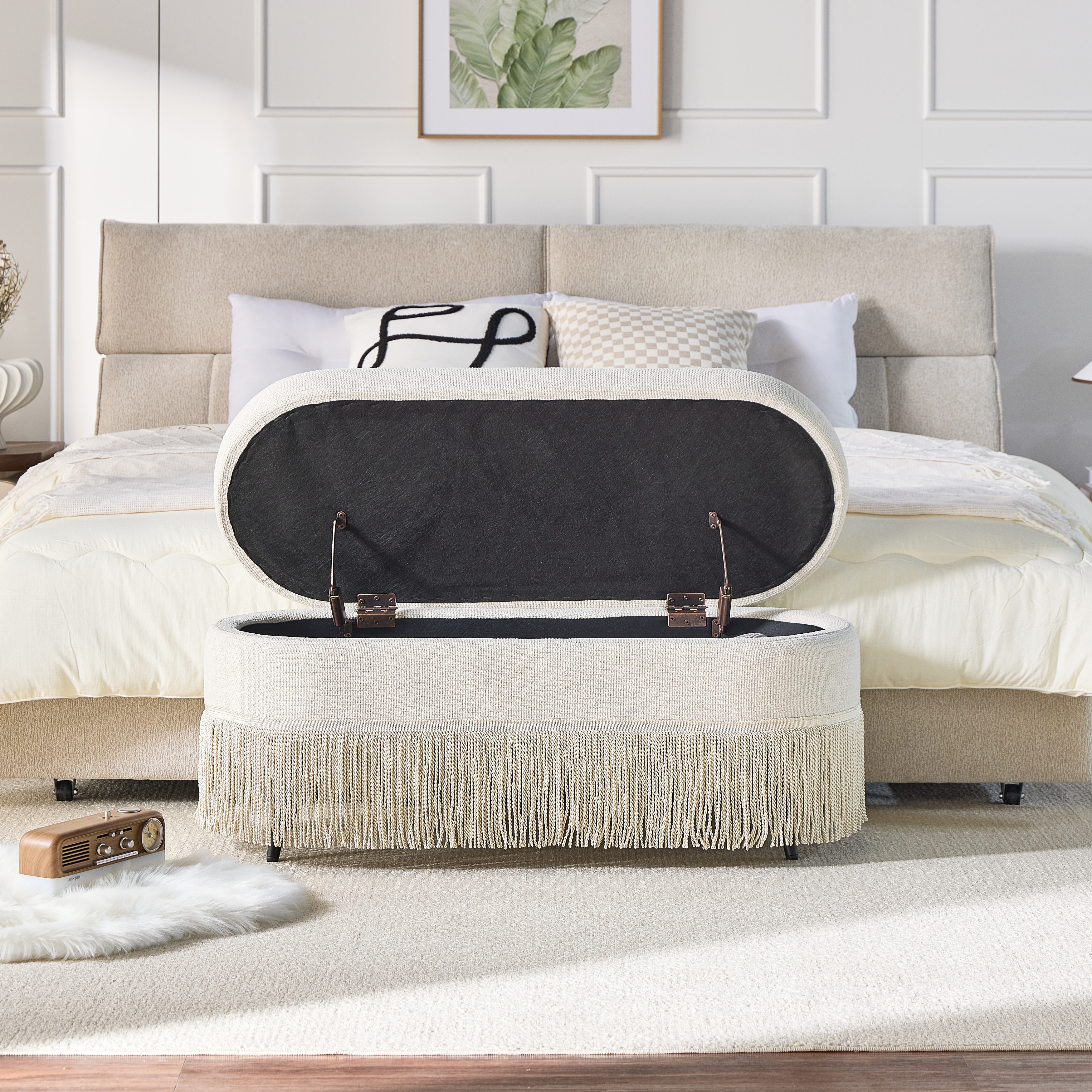 Oval Upholstered Storage Ottoman with Fringe Trim & Lift-Top Lid - 39"L x 16"W x 17"H,Multi-Functional Footrest & Hidden Storage