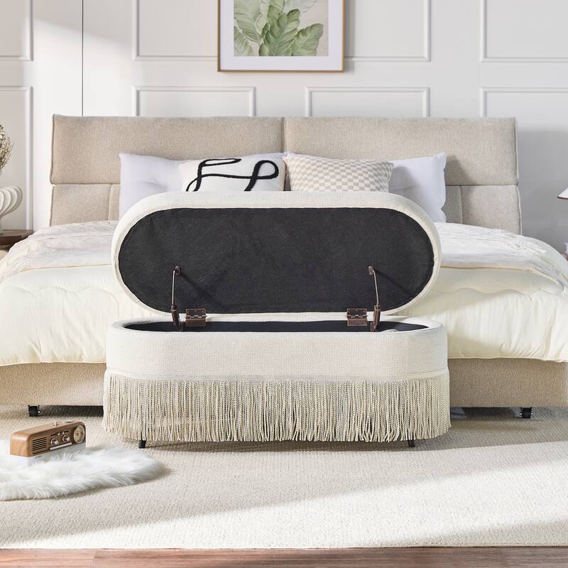 Oval Upholstered Storage Ottoman with Fringe Trim & Lift-Top Lid - 39"L x 16"W x 17"H,Multi-Functional Footrest & Hidden Storage - Beige