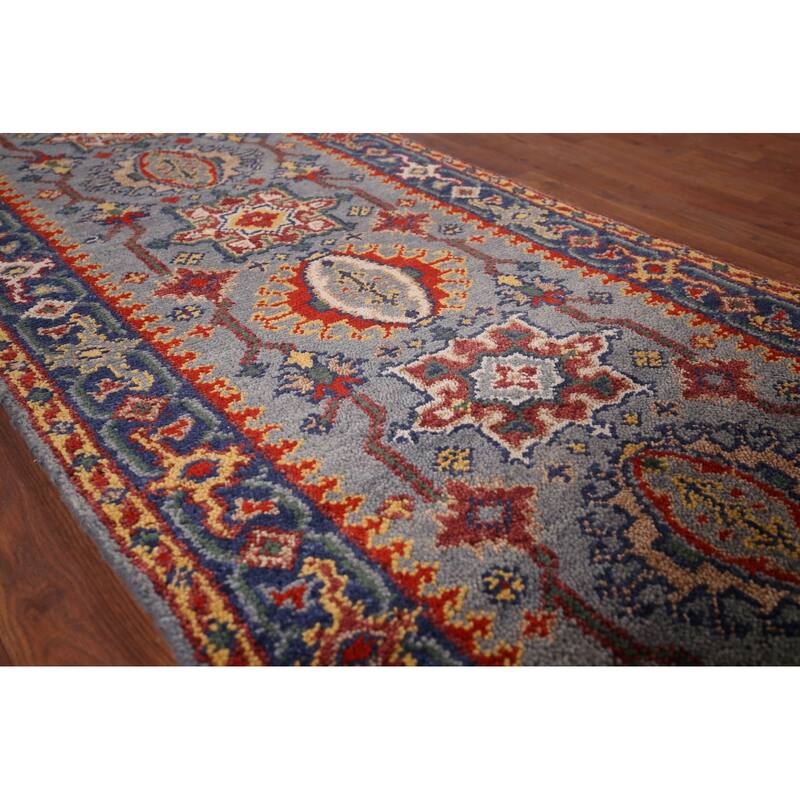 Blue Geometric Khotan Oriental Runner Rug Handmade Wool Carpet - 2'7"x 8'1"