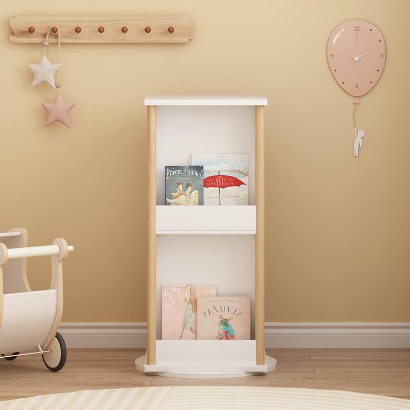 360°Rotating Kids Bookshelf with Chalkboard, 3-Tier Wood Floor Revolving Bookcase & Toy Storage Organizer, Book Display Stand