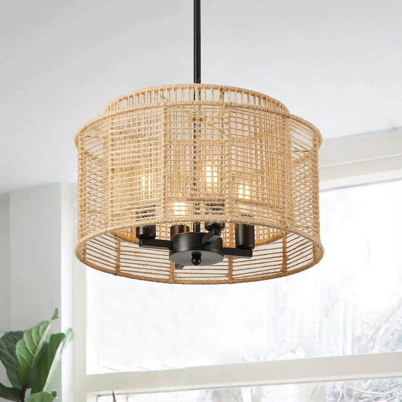 Farmhouse 4-Light Handmade Hemp Rope Weaving Hanging Lamp for Living Room Bedroom