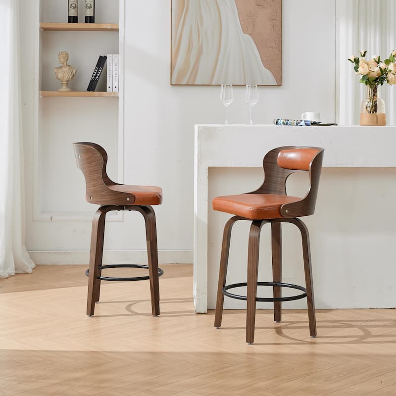 SEYNAR PU Leather 360 Degree Swivel Open Back Bar Stools Wood Legs Set of 2