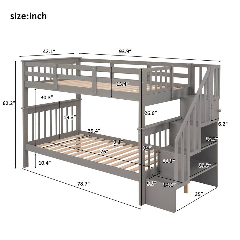Stairway Bunk Bed, Can Be Divided into Two Individual Bedframe, Solid Wood Bedfram with Storage Stairs & Guard Rail for Bedroom