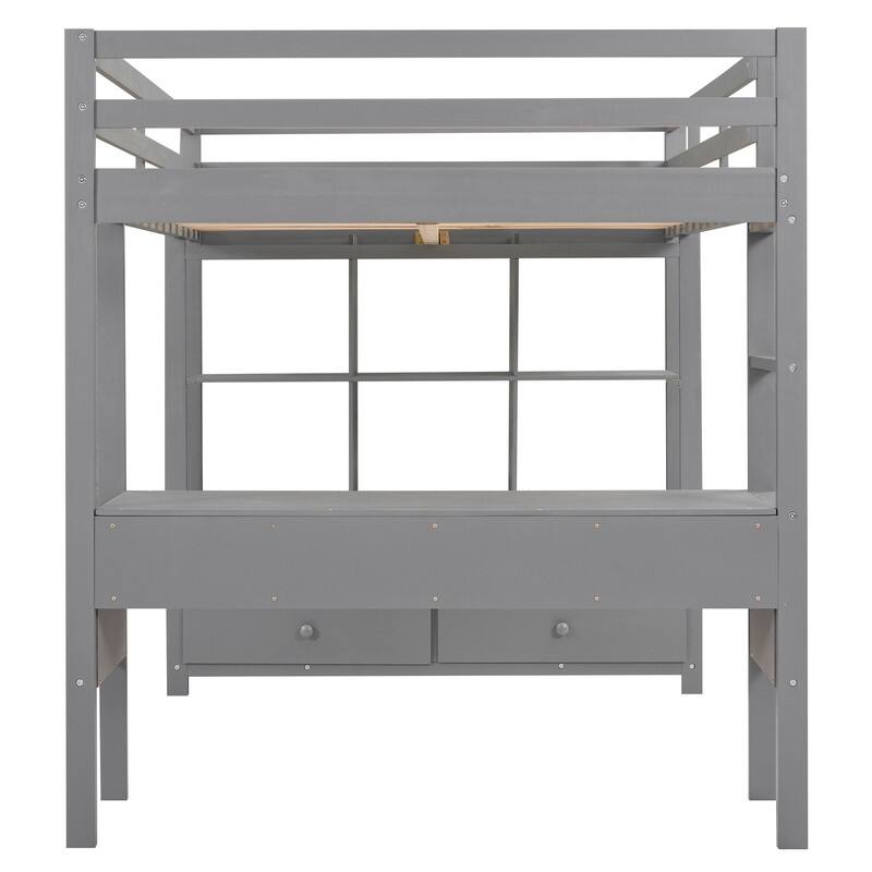 Full Size Wooden Loft Bed with Built-in Desk with Two Drawers, and Storage Shelves and Drawers For Kids