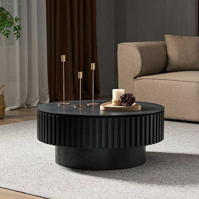 31.5" Round Wood Coffee Table with Storage, Modern Handcraft Drum Coffee Table, Stylish Circle Wooden Center Table