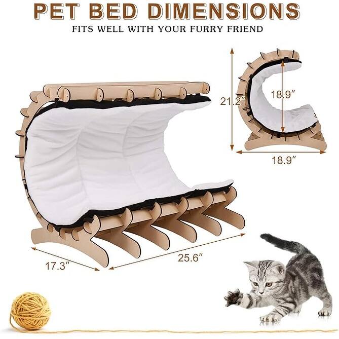 Modern Wood Cat Lounge Bed Hammock with Interactive Toys and Removable Pad