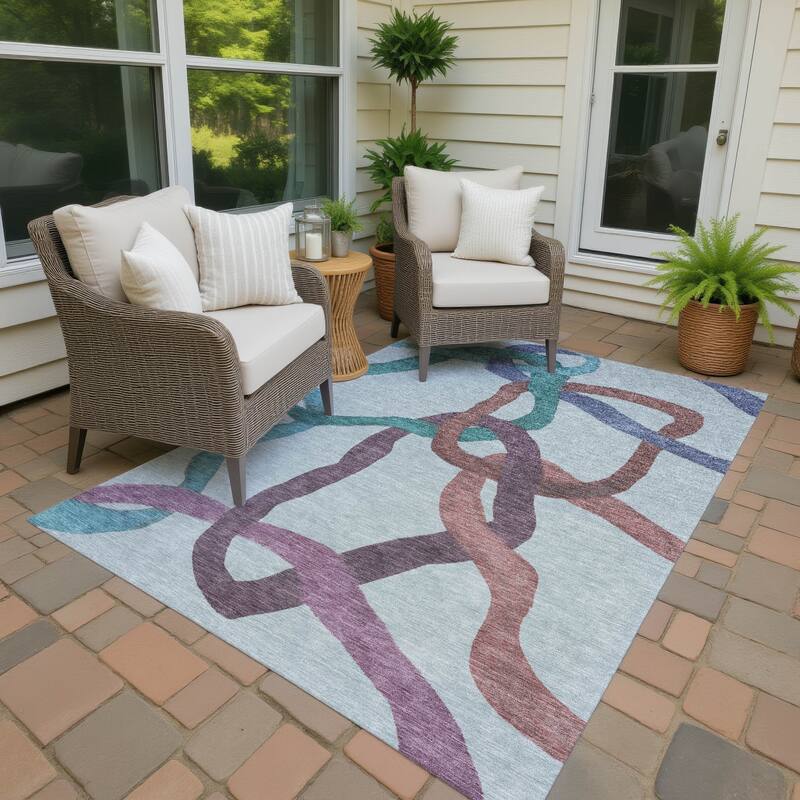 Machine Washable Indoor/ Outdoor Abstract Links Chantille Rug - Teal - 3' x 5'