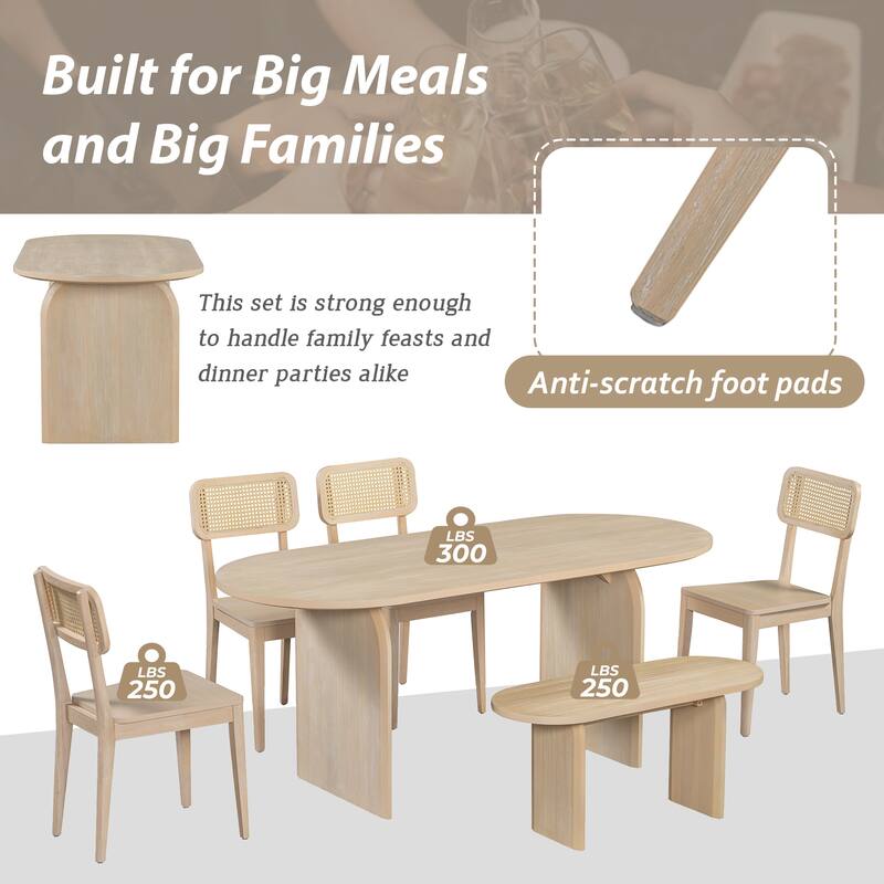 6 Piece Dining Table Set with Bench,Oval Kitchen Table Chairs Set for 6, Modern Style Dining Room Set