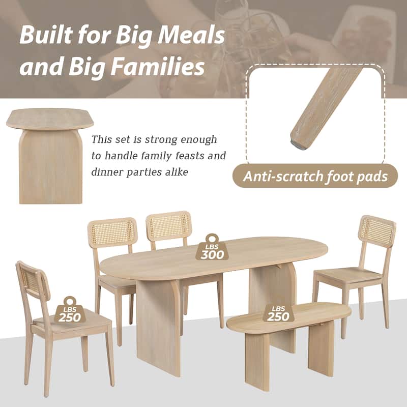 Dining Table Set for 6，Oval Kitchen Table and Rattan-Back Chairs