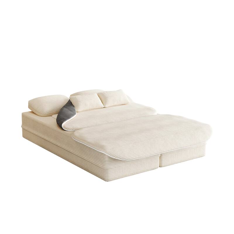 2-in-1 Floor Sleeper Sofa Bed Corduroy Foldable Sofa with Functional Blanket and Pillows for Living Room Bedroom Studio