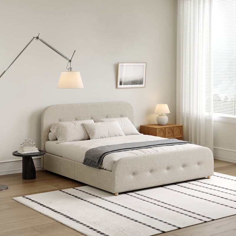 King Size Beige Linen Upholstered Platform Bed Tall Tufted Headboard & High Footboard Minimalist Storage Bed Frame w/Drawers
