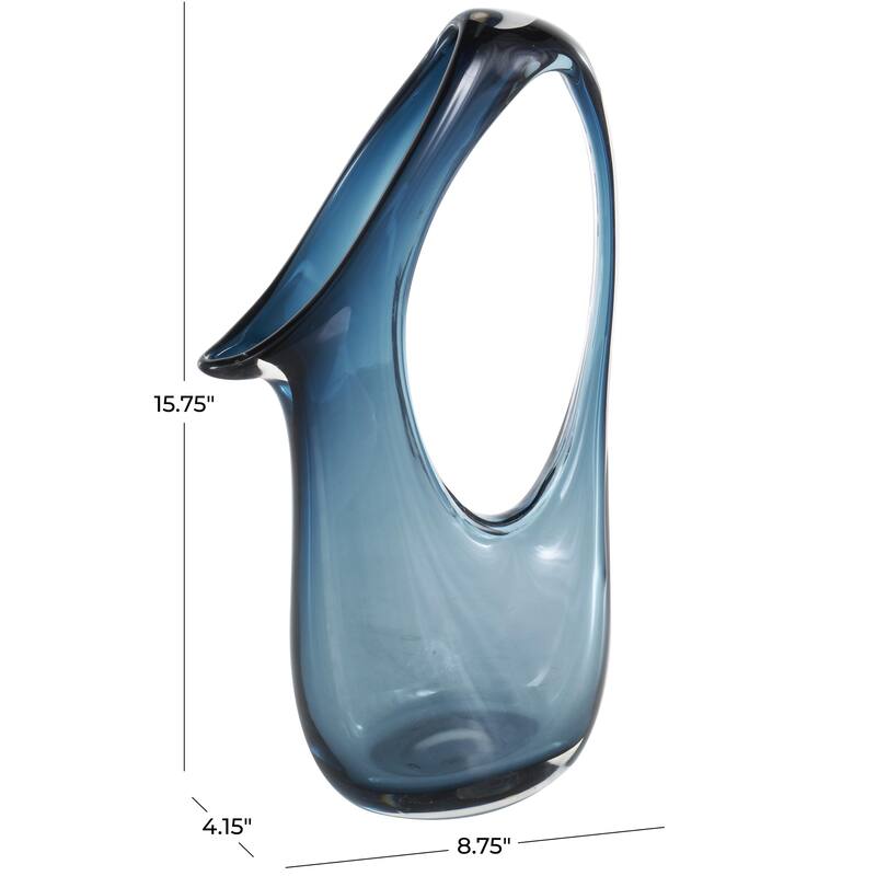 Glass Abstract Decorative Vase with Cutout Handle and Elongated Opening - Blue - Roche River Decor