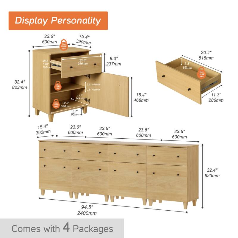 4-In-1 Buffet Cabinets for Dining Room, 94.4" Kitchen Sideboards