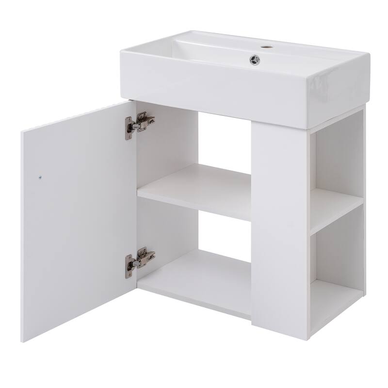 21.6" Modern Floating Bathroom Vanity with Ceramic Basin - Perfect for Small Bathrooms, Right side storage