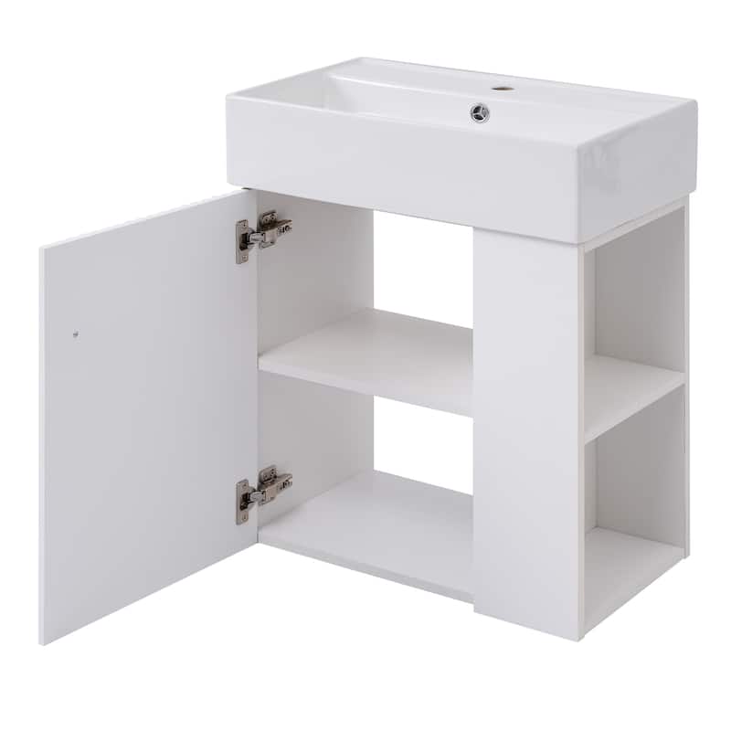 Wall-Mounted Bathroom Vanity Small Space Floating Cabinet with Sink, Wave-Patterned Door, Metal Handle and Right Side Storage