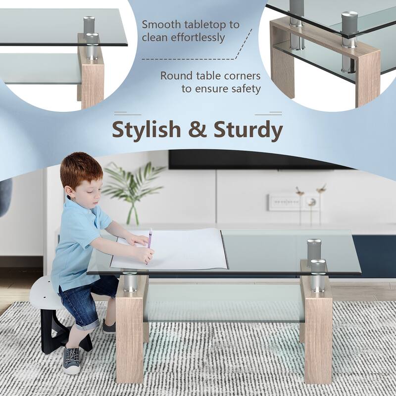 Costway Rectangle Glass Coffee Table Metal Legs End Table Livingroom