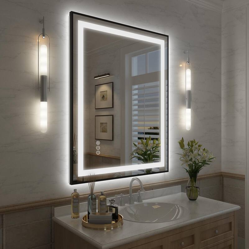 KIOTEE Black Metal Frame Front & Back LED Lighted Anti-Fog Tempered Glass Bathroom Vanity Mirror with ETL and 3 Years Warranty - 36x28