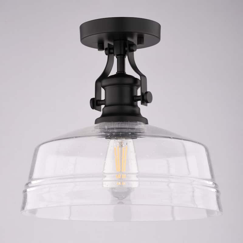 VAXCEL Beloit 1-Light 12 in. Wide Matte Black Farmhouse Dome Semi Flush Mount Lighting Fixture, Clear Seeded Glass Shade