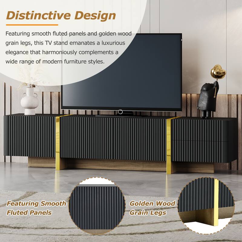 Modern Fluted TV Stand Luxury TV Stand with Storage Drawers and Gold Wood-Grain Legs, for Living Rooms, Black