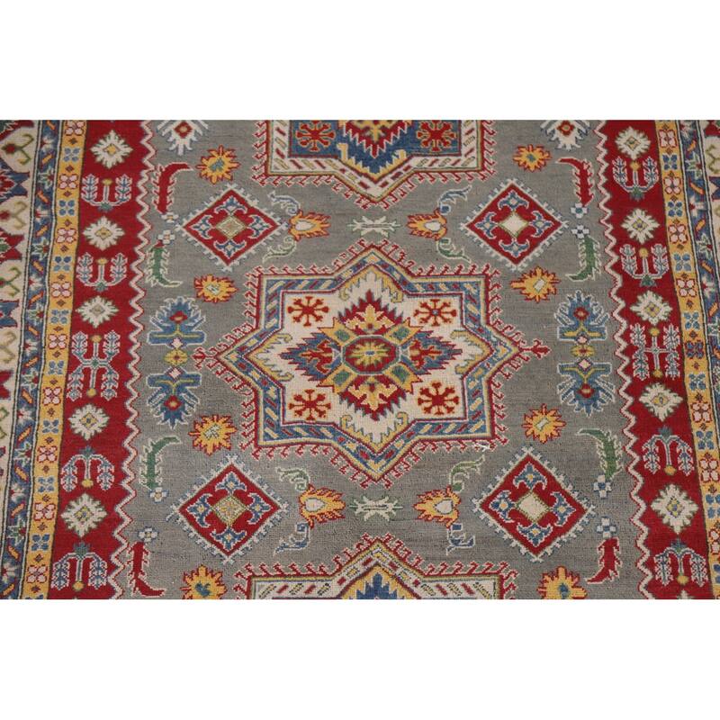 Hand Knotted Oriental 100% Wool Carpet Traditional Geometric Greys & Charcoal Kazak Area Rug - 9' 10'' X 6' 6''