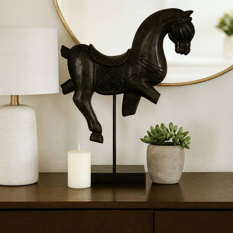 Wood Carved Horse Figurine Sculpture Statue Home Decor - 19" Black - 16" x 4.5" x 19"
