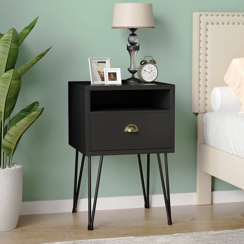 Modern Mid Century 1-Drawer Hairpin Nightstand