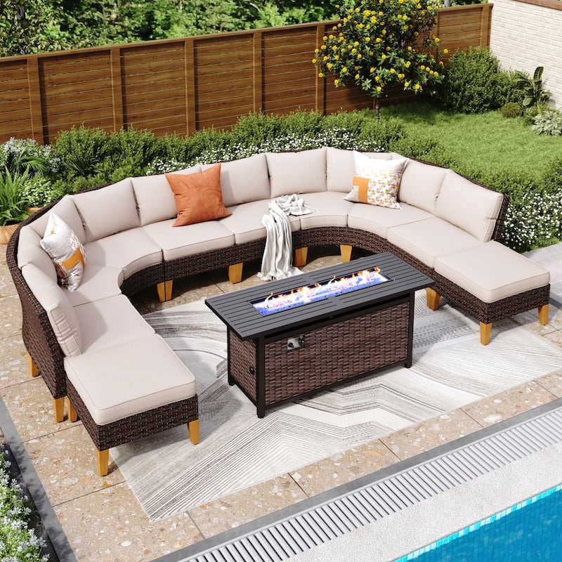 6-11 Piece Patio Outdoor Wicker Sectional Sofa Half-Moon Furniture Set Large Seating Conversation Sets with Fire Pit Table - 10 Seats - Beige