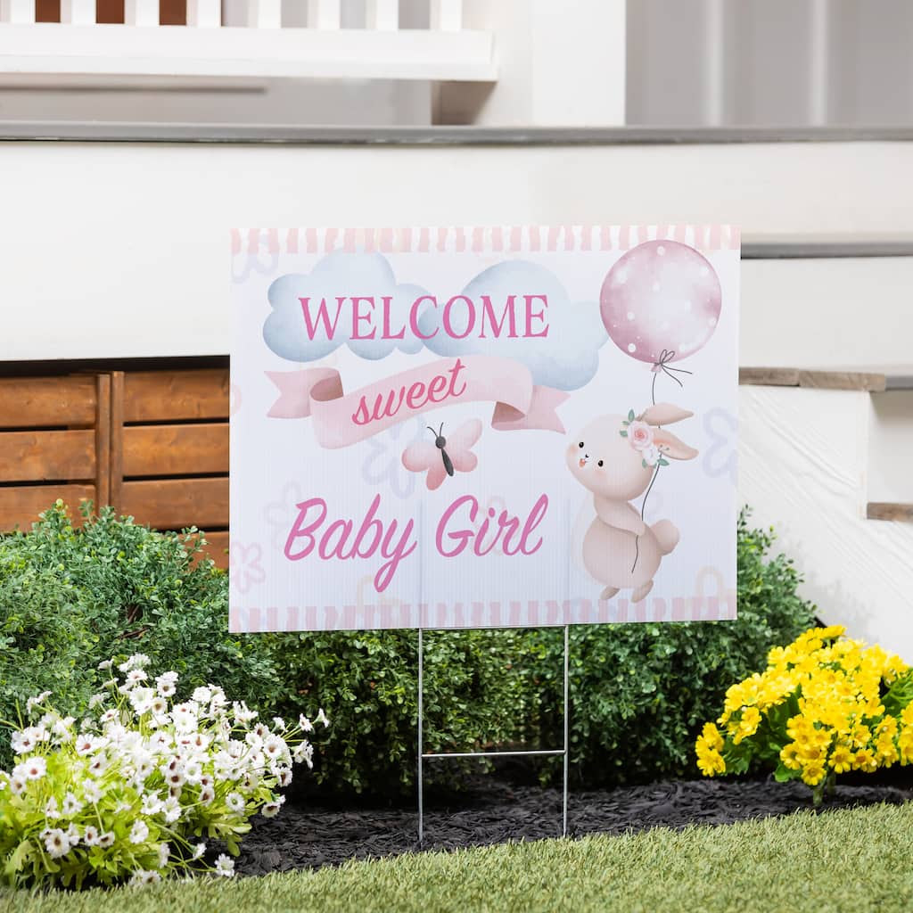 24" x 18" Yard Sign with H-Stake, Bunny Welcome Baby Girl