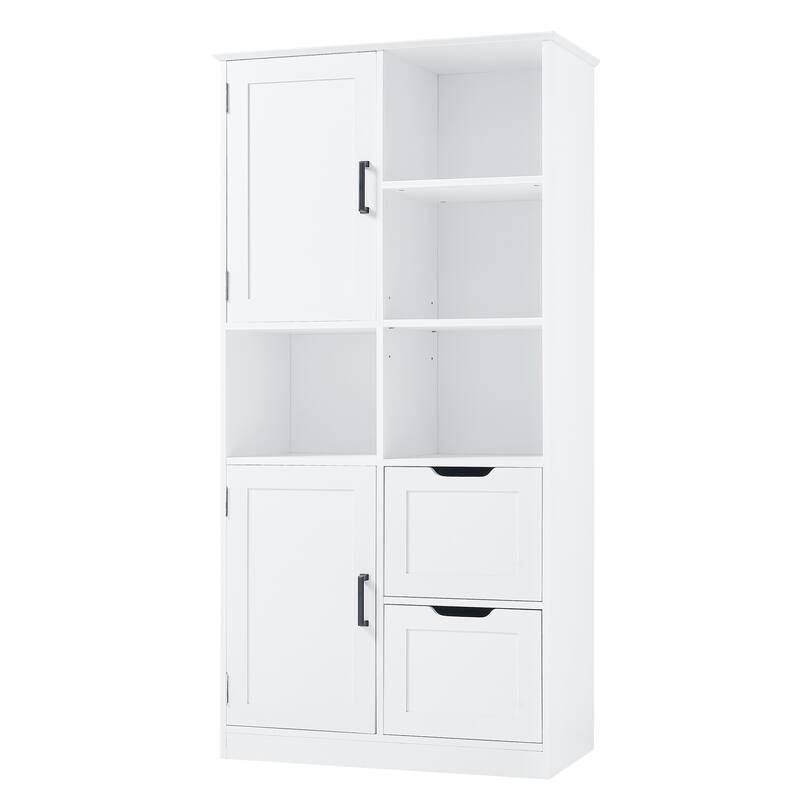 Roomfitters Bathroom Storage Cabinet with Doors Drawers Open Shelf and Adjustable Compartments Freestanding Design, White