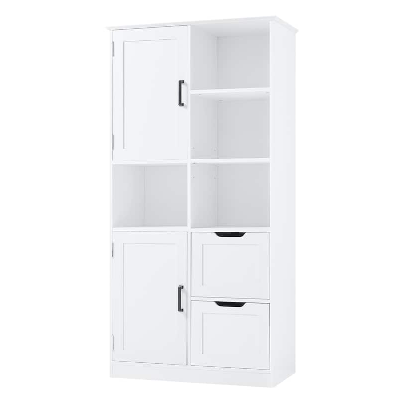 White Large Wood Bathroom Cabinet with 2 Storage, Drawer Open Shelves