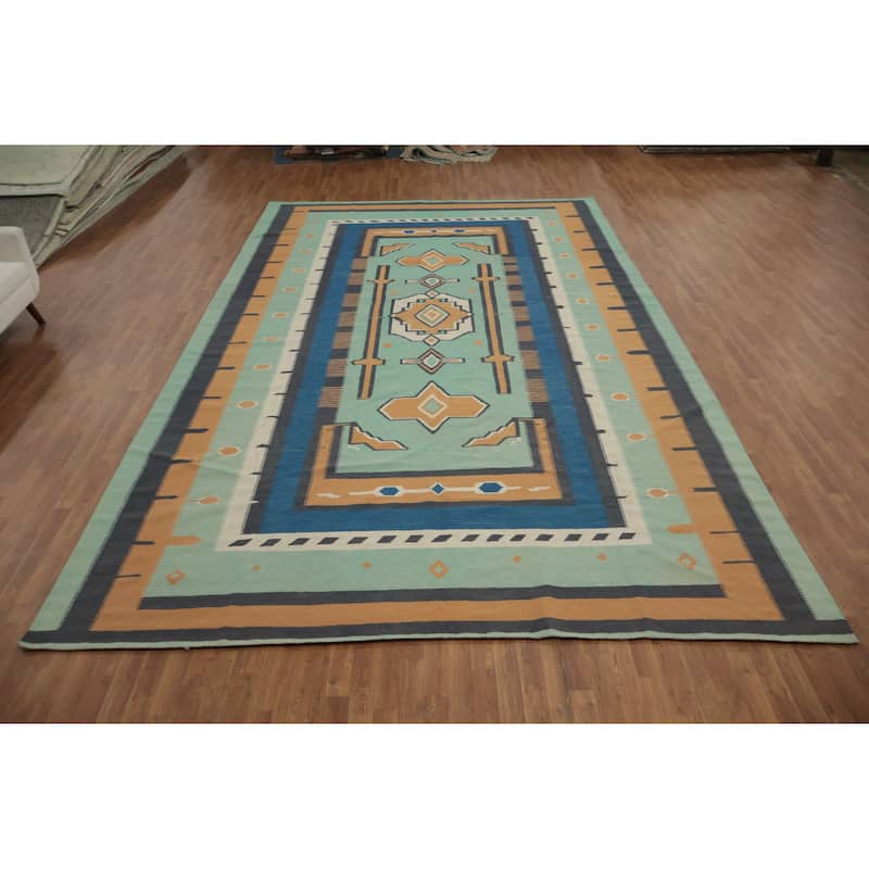 Hand Woven Oriental 100% Wool Carpet Southwestern Tribal Green Kilim Area Rug - 16' 6'' X 10' 0''