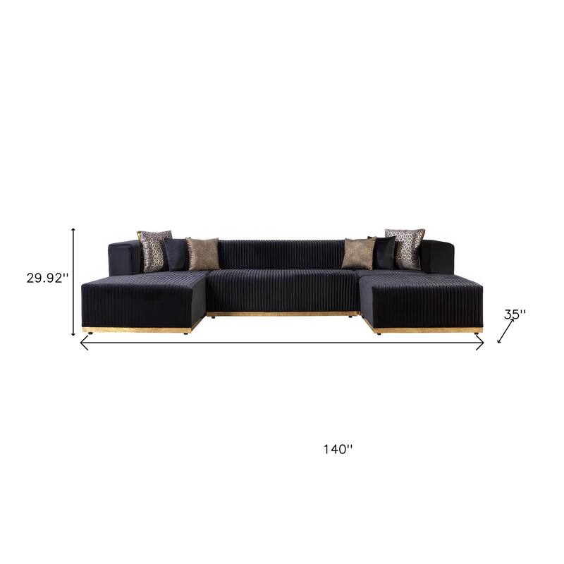 HomeRoots Black Velvet Modular U Shaped Four Piece Sofa and Chaise Sectional With Toss Pillows