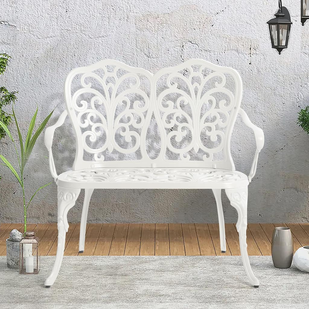 Patio Garden Bench Metal Park Bench Cast Aluminum Outdoor Furniture With Floral Rose For Patio (Excluding the table)