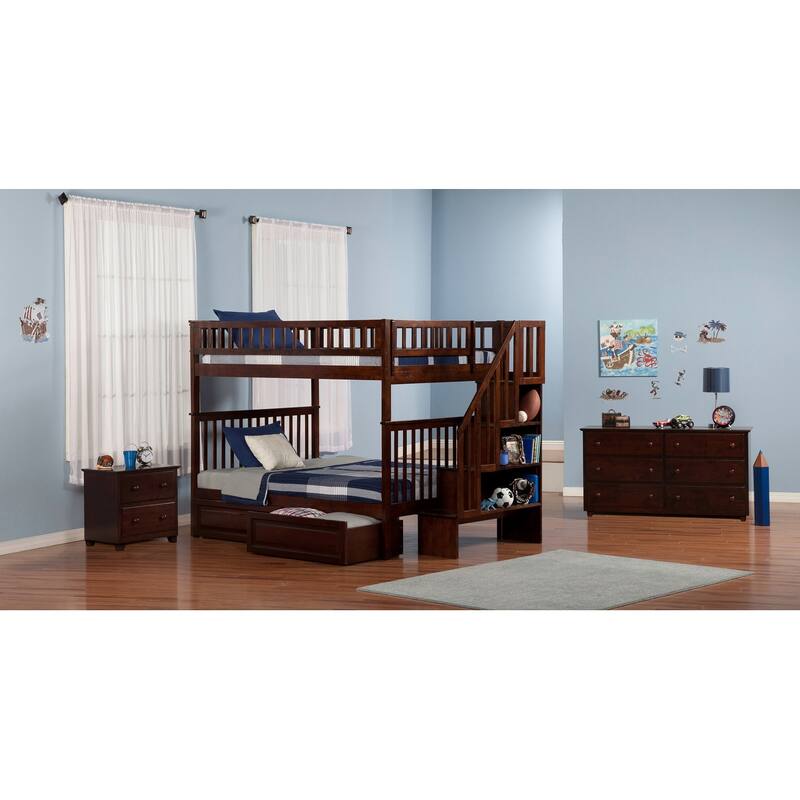 Woodland Staircase Bunk Bed Full over Full with 2 Drawers in Walnut