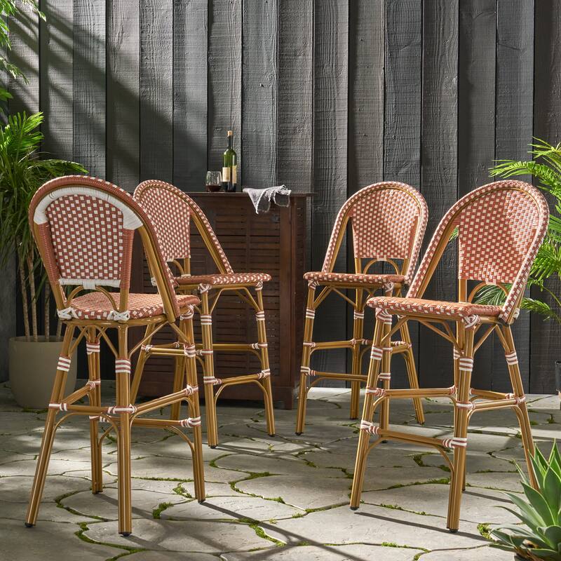 Kinner Outdoor Aluminum French Barstools (Set of 4) by Christopher Knight Home - 18.00" L x 23.75" W x 46.00" H - Rust + White + Bamboo Print Finish