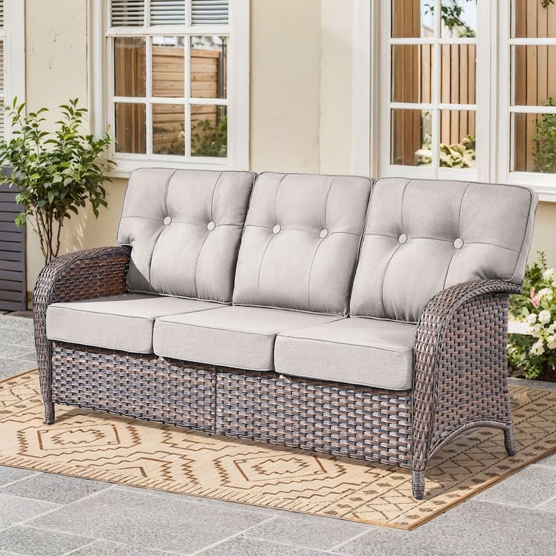 3 Seats Outdoor PE Wicker Sofa - Brown Wicker & Beige Cushion