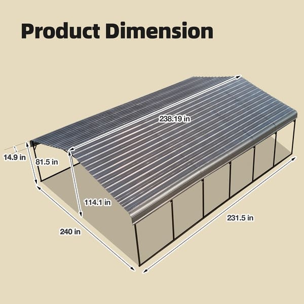 dimension image slide 4 of 6, Outdoor Carport with Durable Galvanized Steel Roof , Multi-Functional Shelter, Carport for Cars, Boats, and Tractors