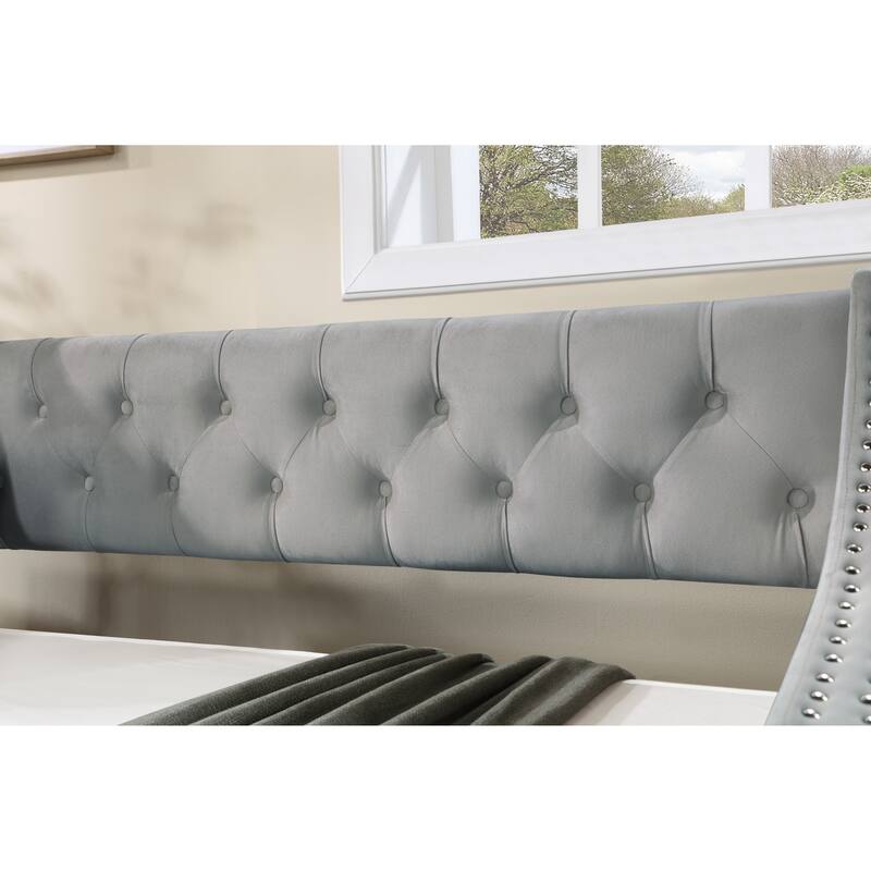 Full Size Daybed with Trundle Upholstered Tufted Sofa Bed, with Button and Copper Nail - Grey