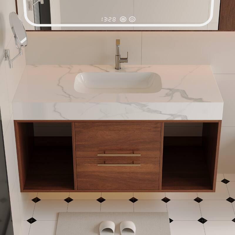 GDFStudio - Modern 39.4" Wall Mounted Floating Sintered Stone Bathroom Vanity with Seamless Ceramic Sink & Soft-Close Drawers
