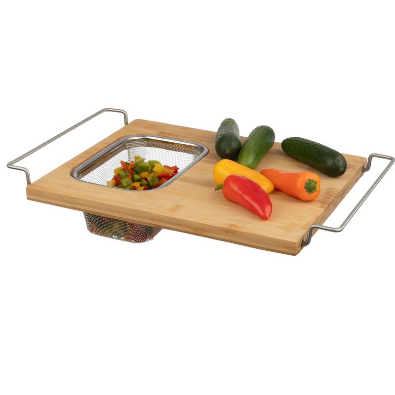 Cutting Board with Strainer - 2 in 1 Adjustable Bamboo Chopping Board with Removable Stainless Steel Colander by Classic Cuisine - Natural