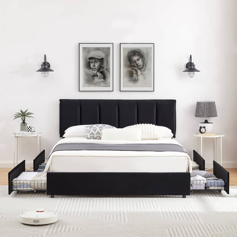Javlergo Bed Frame with Storage Drawers, Upholstered Platform Bed Frame with Adjustable Headboard