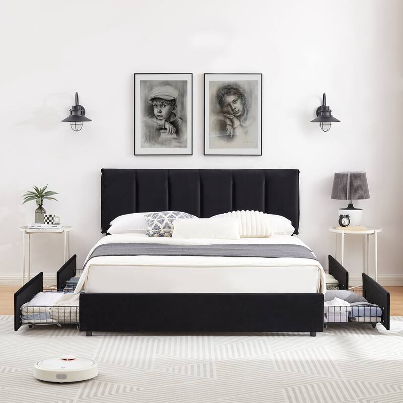 VECELO Bed Frame with 4 Storage Drawers, Upholstered Platform Bed Frame with Adjustable Headboard - Black - Queen