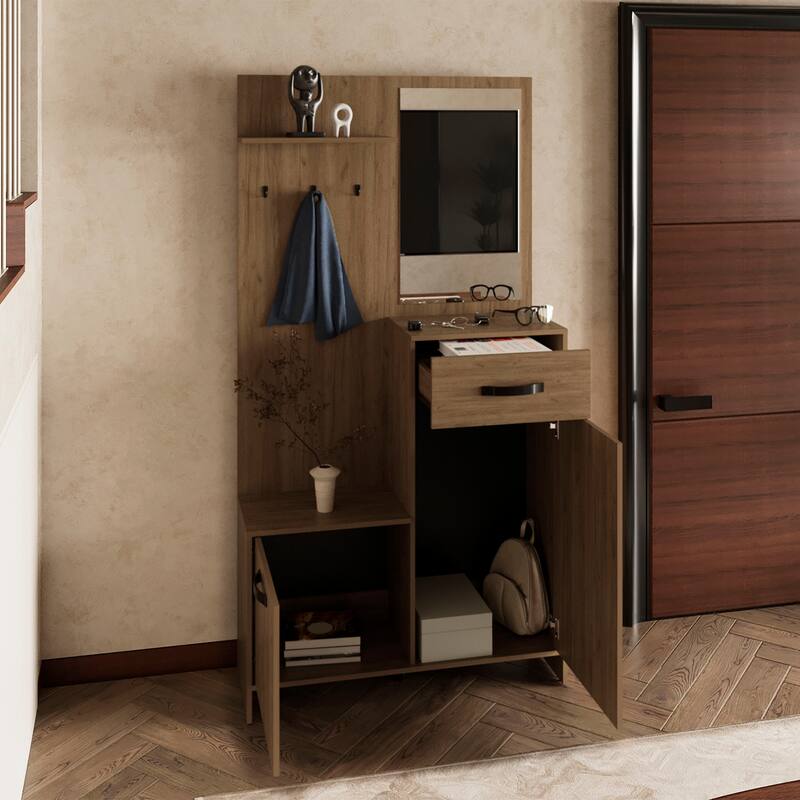 Multi-Storage Hall Tree with Mirror, Cabinets, Shelves, and Hooks for a Stylish and Functional Entryway Setup