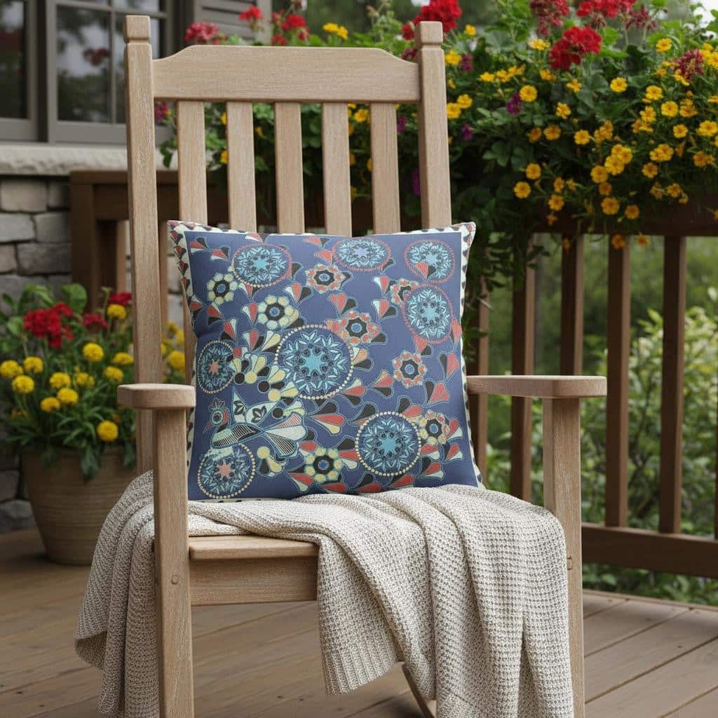HomeRoots 18" x 18" Blue and Off White Peacock Blown Seam Floral Indoor Outdoor Throw Pillow - 18.00' X '5.00' X '18.00