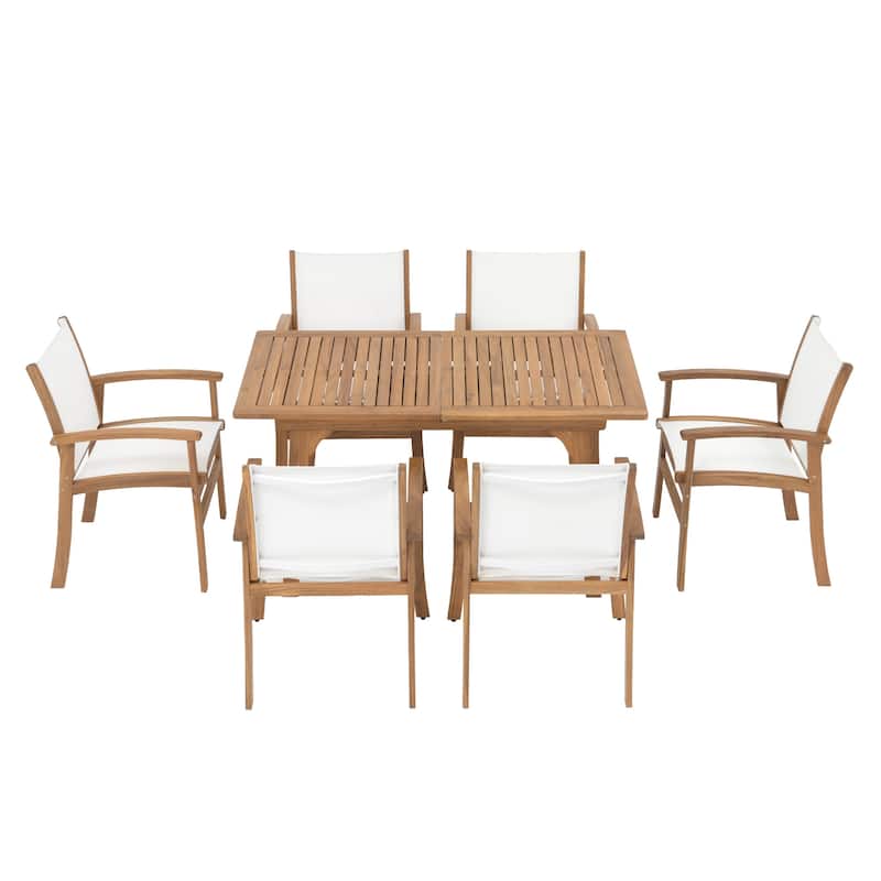 Outdoor 6-Person Acacia Wood Chair Set with Extendable Wooden Table