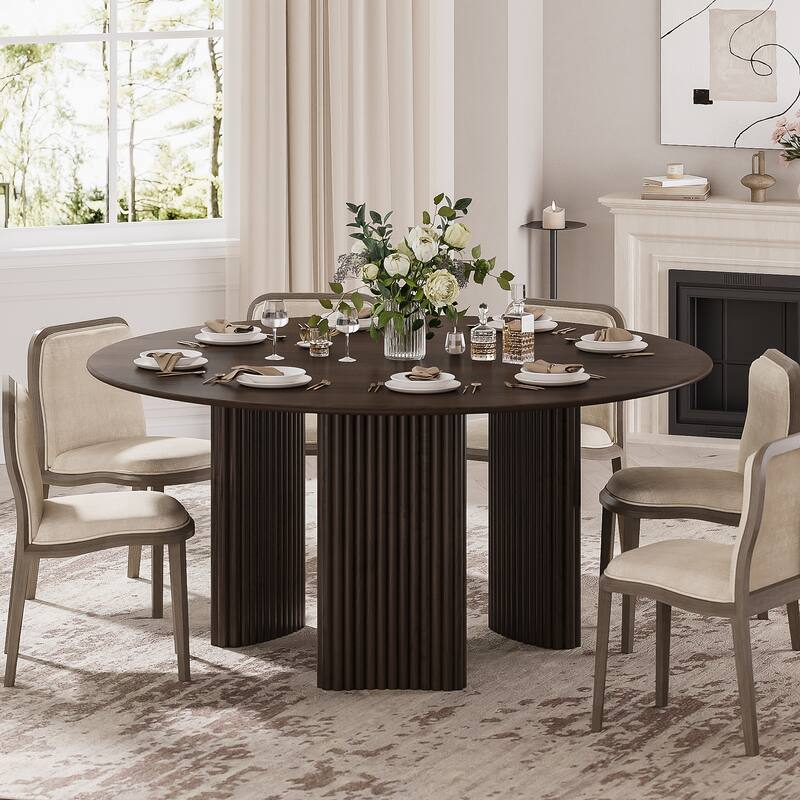 Modern Round Dining Table with Striped Column Legs Solid Wood Kitchen Table Anti-Scratch Footpads